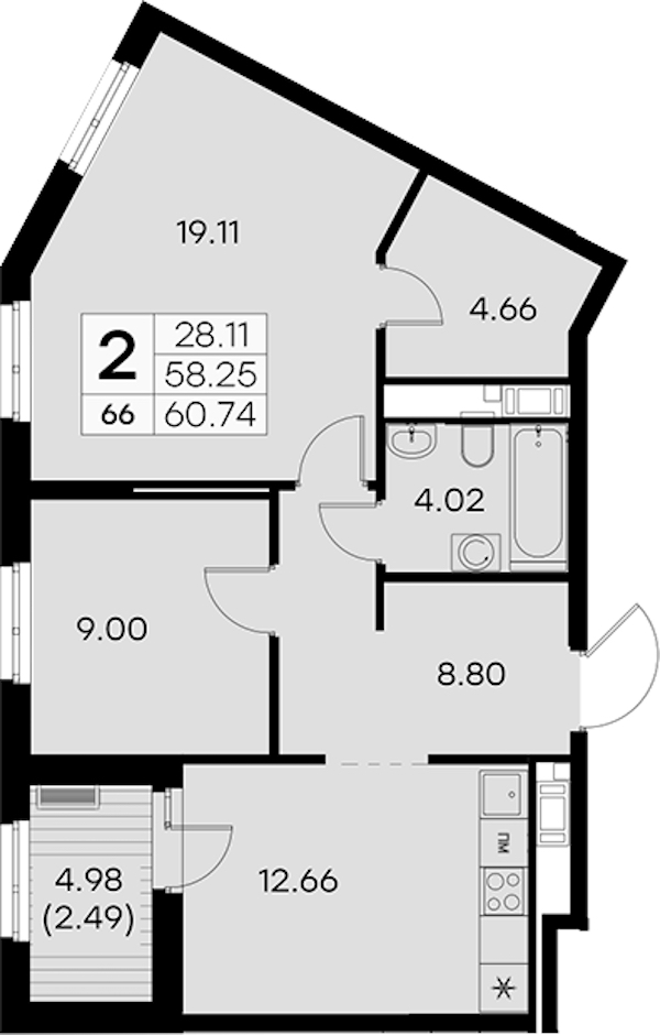 2-комнатная квартира 60.74 м², 8/8 эт., ЖК «Glorax City Балтийская»
